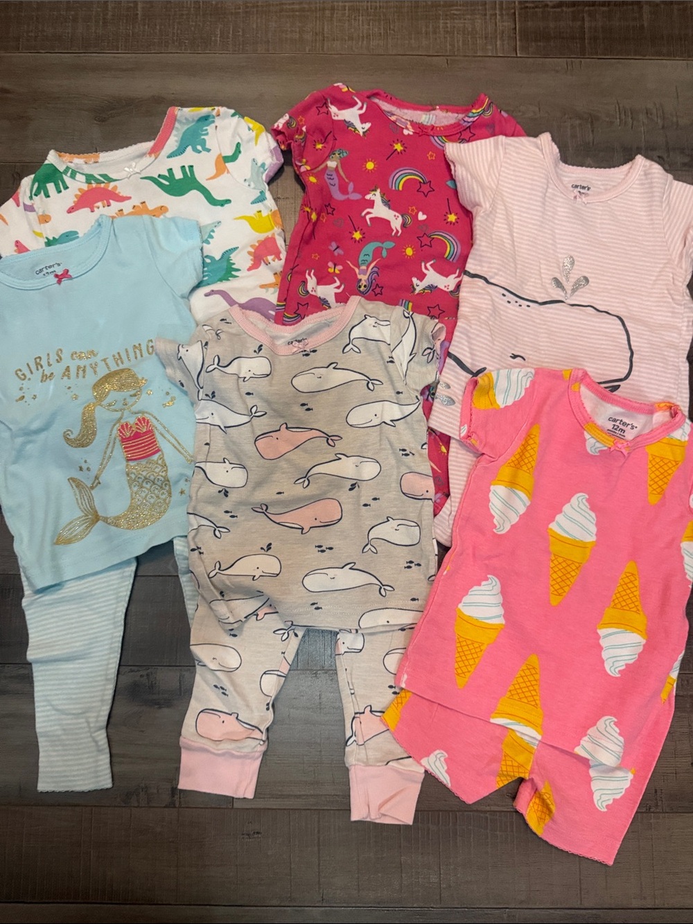 Carter's Pink Ice Cream Cone Short Sleeve Pajama Set with Rainbow & Dino Prints